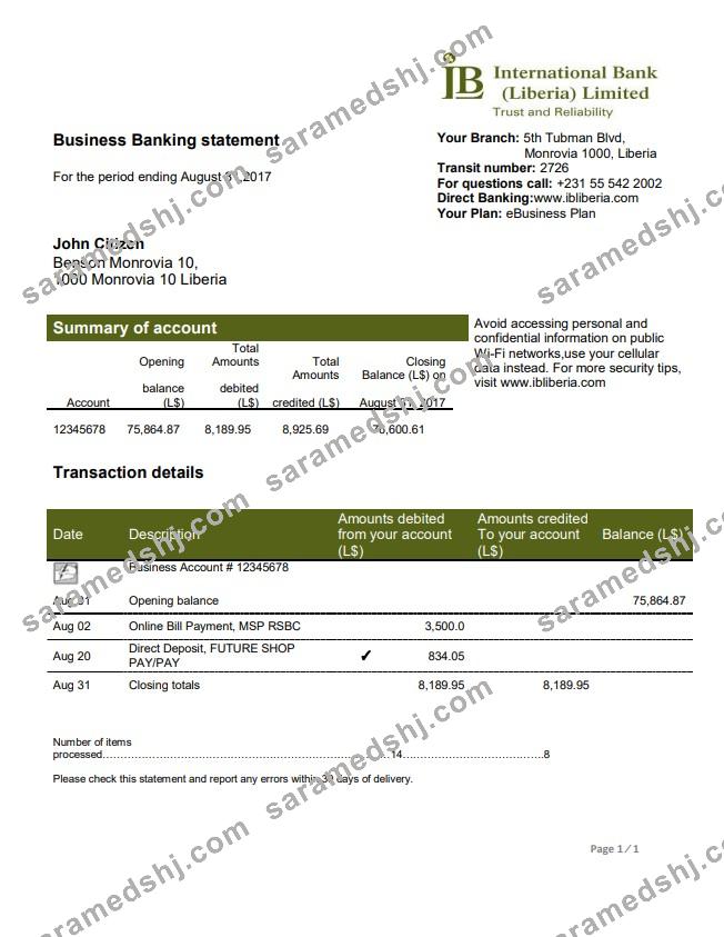 Liberia IB International Bank statement